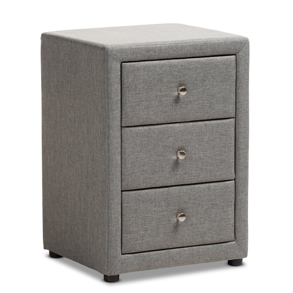 Urban Designs Haley Fabric Upholstered 3-Drawer Nightstand in Grey Finish