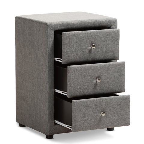 Urban Designs Haley Fabric Upholstered 3-Drawer Nightstand in Grey Finish