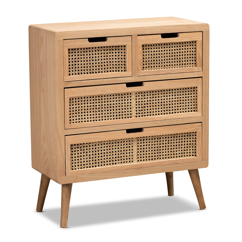 Urban Designs Alana Wood and Rattan 4-Drawer Accent Chest - Light Oak