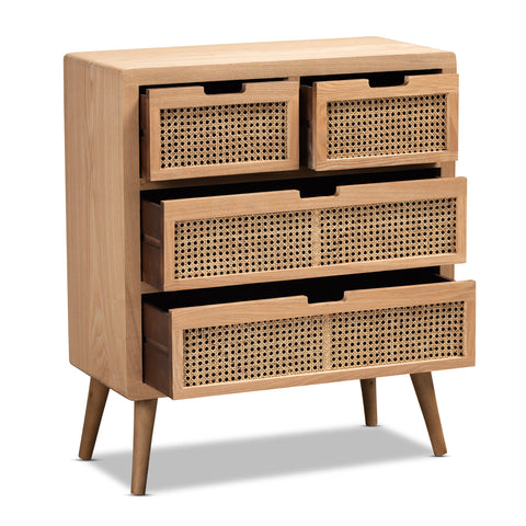 Urban Designs Alana Wood and Rattan 4-Drawer Accent Chest - Light Oak