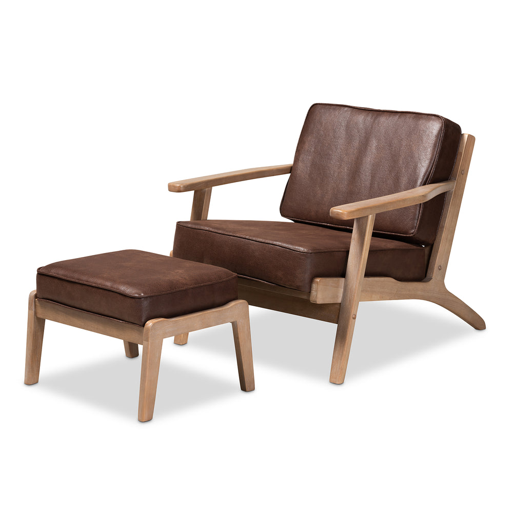 Urban Designs Seline Faux Leather Upholstered Wooden Armchair and Ottoman Set - Dark Brown