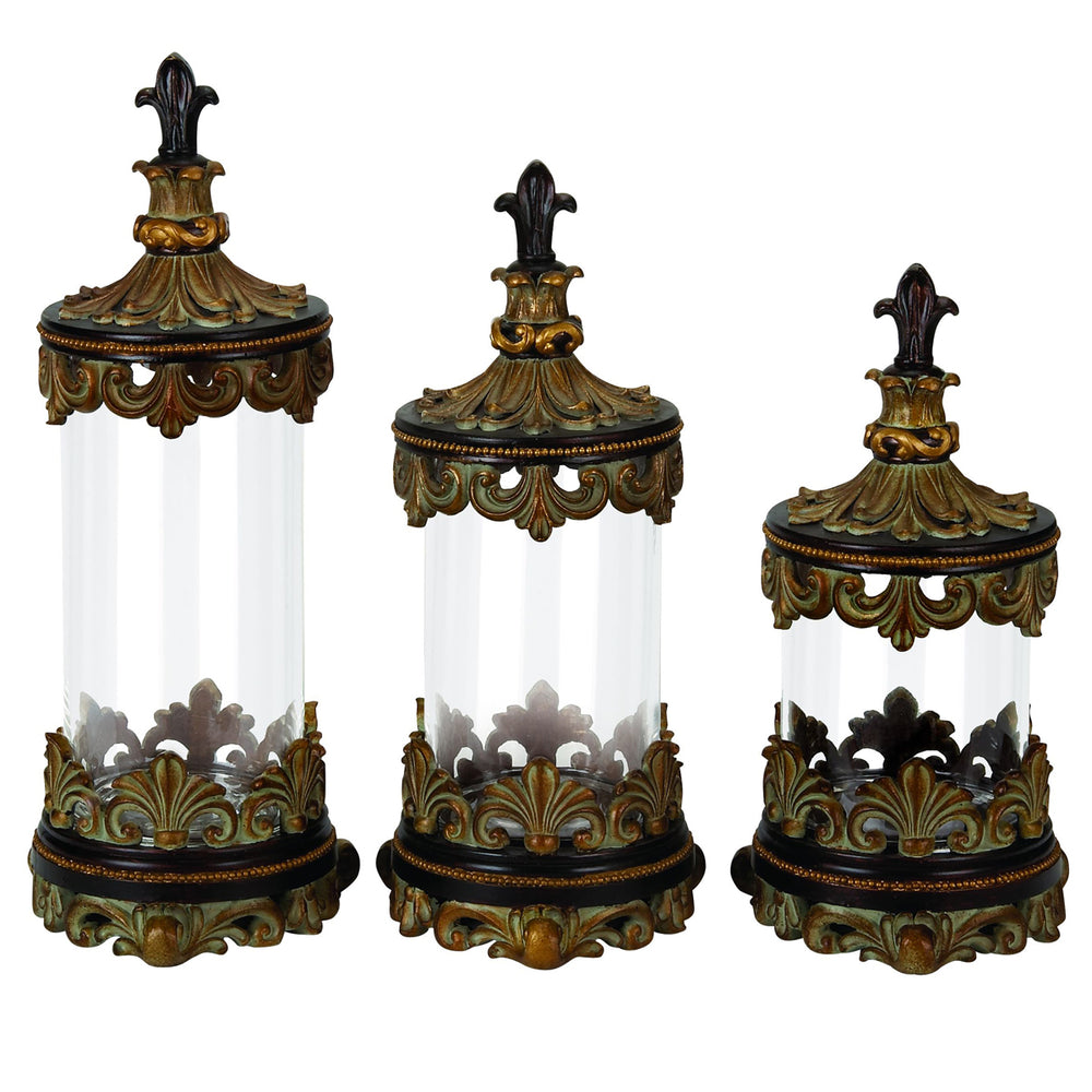 Urban Designs Fleur-De-Lis 3-Piece Glass Cylinder Canister Set - Antique Gold
