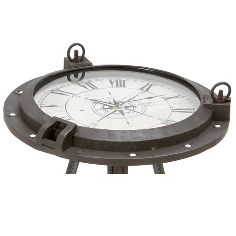 Urban Designs Industrial Porthole Metal Round Clock Coffee and End Table - Brown
