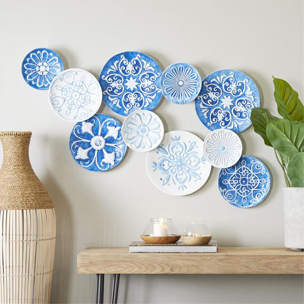 Urban Designs Santorini 46" x 23" Hand Painted Blue and White Circles Metal Wall Art