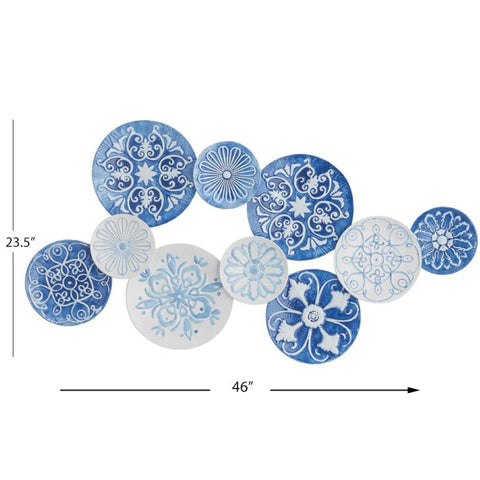 Urban Designs Santorini 46 x 23 Hand Painted Blue and White Circles Metal 47" X 2" X 24" Wall Art