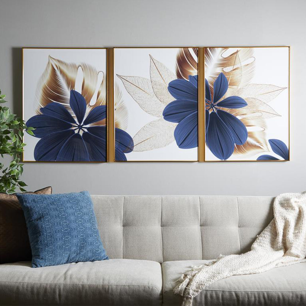 Urban Designs Blue and White Floral & Botanical Inspired Set of 3 Framed Panels 23"W x 32"H Wall Art