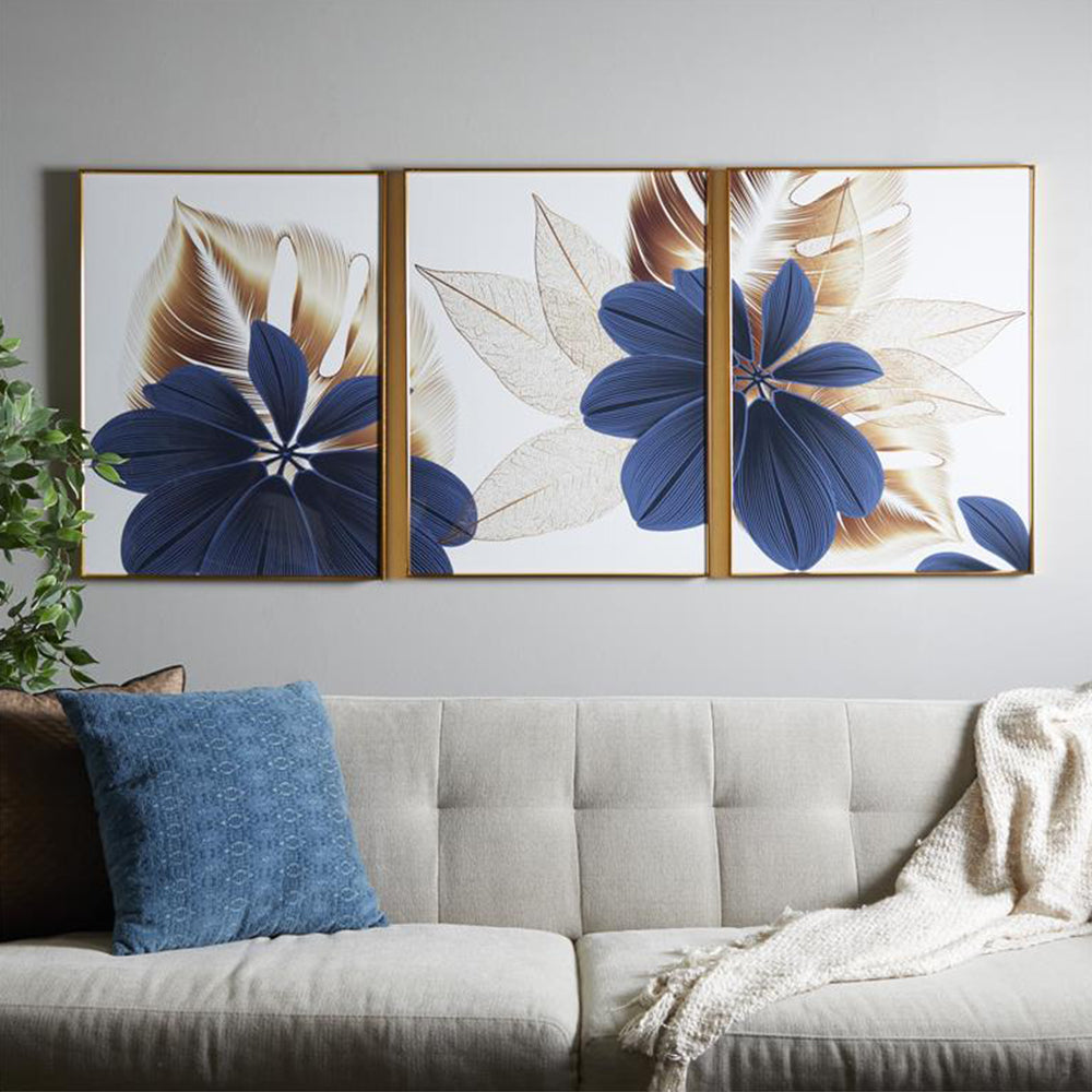 Urban Designs Blue and White Floral & Botanical Inspired Set of 3 Framed Panels  3 23"W x 32"H Wall Art