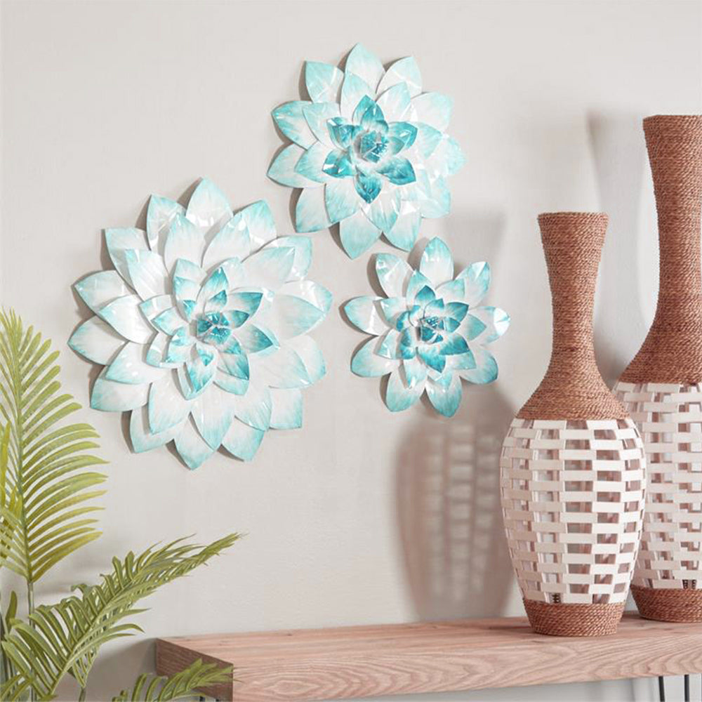 Urban Designs Light Blue Three-Dimensional Design Flower Metal Wall Art - Set of 3