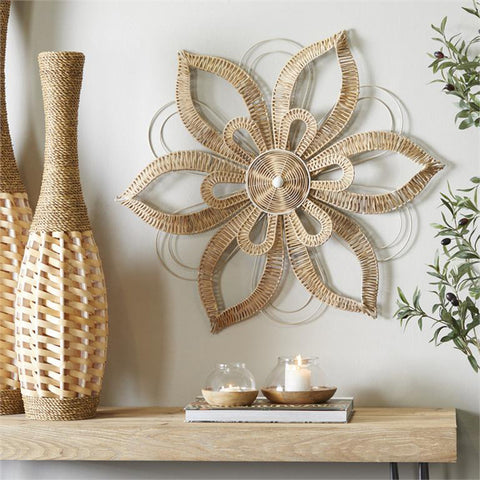 Urban Designs Light BrownNatural Finish 30" H x 30" W Hand Wrapped Rattan Flower Bloom Wall Décor