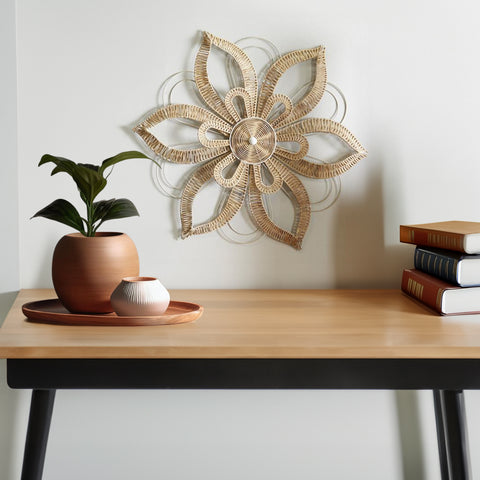 Urban Designs Light BrownNatural Finish 30" H x 30" W Hand Wrapped Rattan Flower Bloom Wall Décor