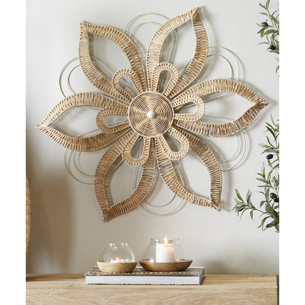 Urban Designs Light BrownNatural Finish 30" H x 30" W Hand Wrapped Rattan Flower Bloom Wall Décor