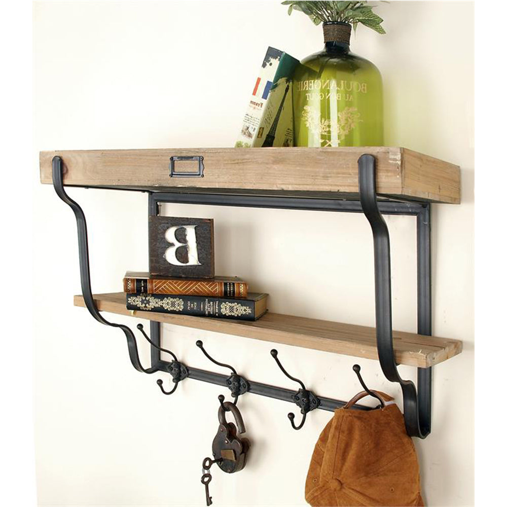 Urban Designs Vintage Appeal Light Brown Wood Farmhouse Wall Shelve with Hooks