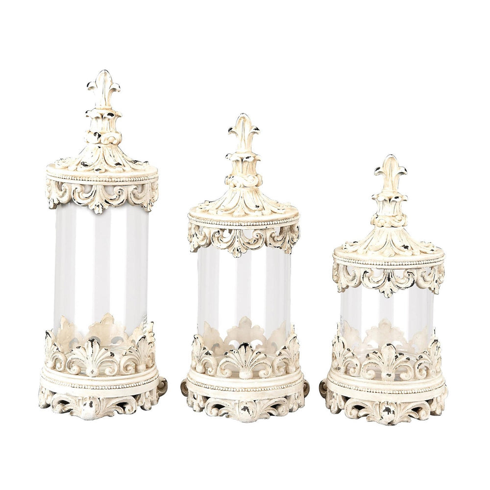 Urban Designs Fleur-De-Lis 3-Piece Glass Cylinder Canister Set - Antique White