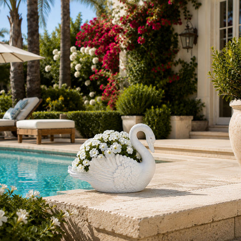 Urban Designs Swan Cast Stone Planter Garden Decor - White