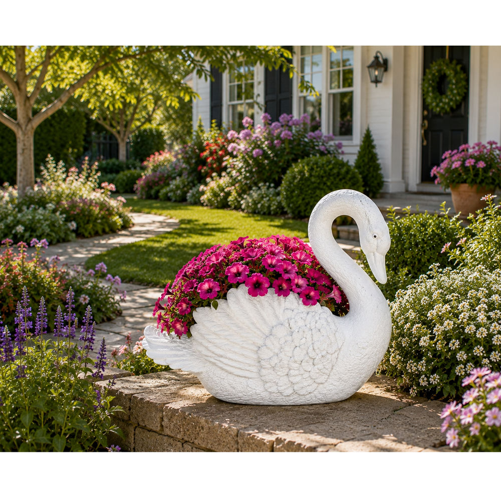 Urban Designs Swan Cast Stone Planter Garden Decor - White