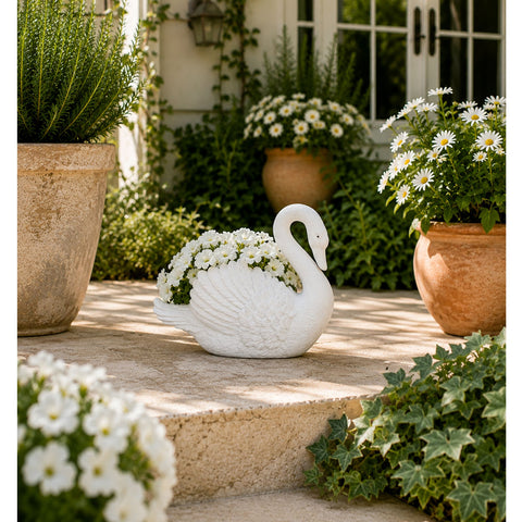 Urban Designs Swan Cast Stone Planter Garden Decor - White