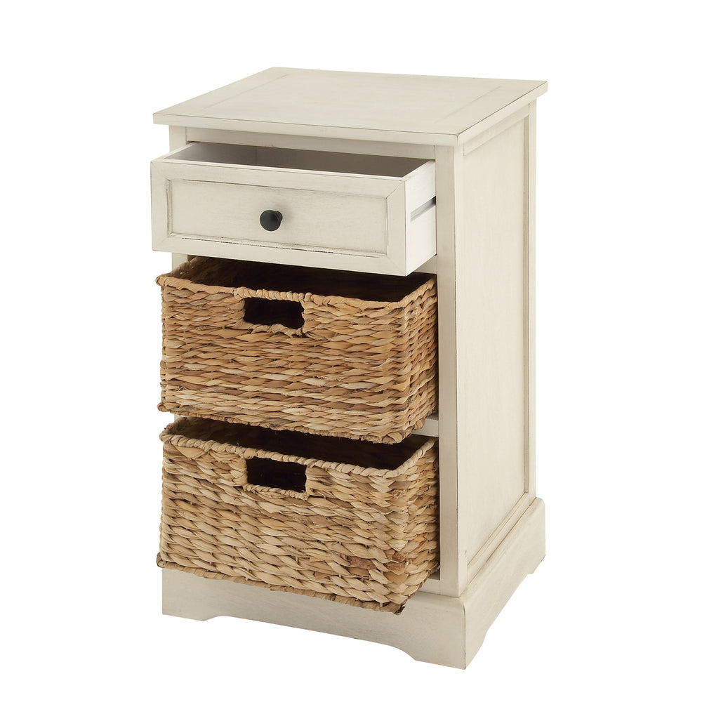 Urban Designs Malibu 3-Drawer Night Stand with Wicker Baskets - White