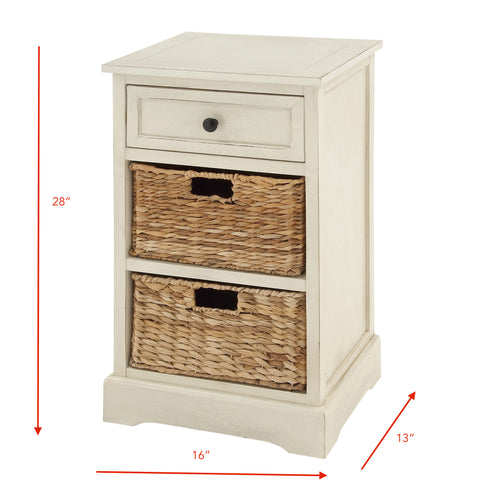 Urban Designs Malibu 3-Drawer Night Stand with Wicker Baskets - White
