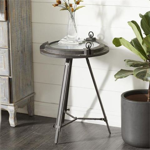 Urban Designs Industrial Porthole Metal Round Clock Coffee and End Table - Brown