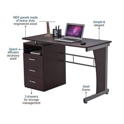 Deluxe Ergonomic Side Cabinet Compact Multifunction Computer Desk - Chocolate