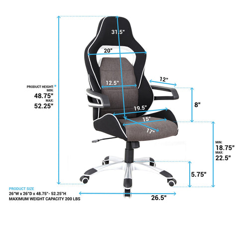 Urban Designs Ergonomic Upholstered Racing Style Home Office Chair - Grey Black