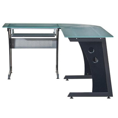 Urban Designs Deluxe L-Shaped Tempered Frosted Glass Top Computer Desk With Pull Out Keyboard Panel