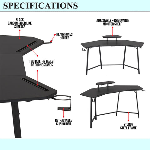 Urban Designs Black Gaming Desk with Accessory Holders and Shelf