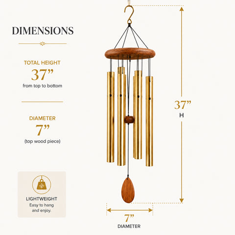 Urban Designs 6-Tube Outdoor Wind Chime with Adjustable Wooden Clapper, Gold-Finish Aluminum Tubes & Wood Accents
