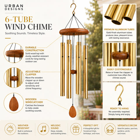 Urban Designs 6-Tube Outdoor Wind Chime with Adjustable Wooden Clapper, Gold-Finish Aluminum Tubes & Wood Accents