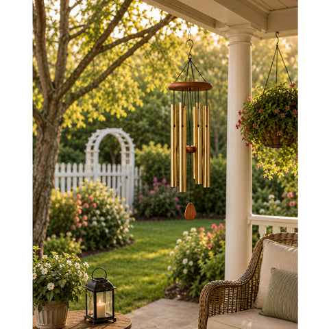Urban Designs 6-Tube Outdoor Wind Chime with Adjustable Wooden Clapper, Gold-Finish Aluminum Tubes & Wood Accents