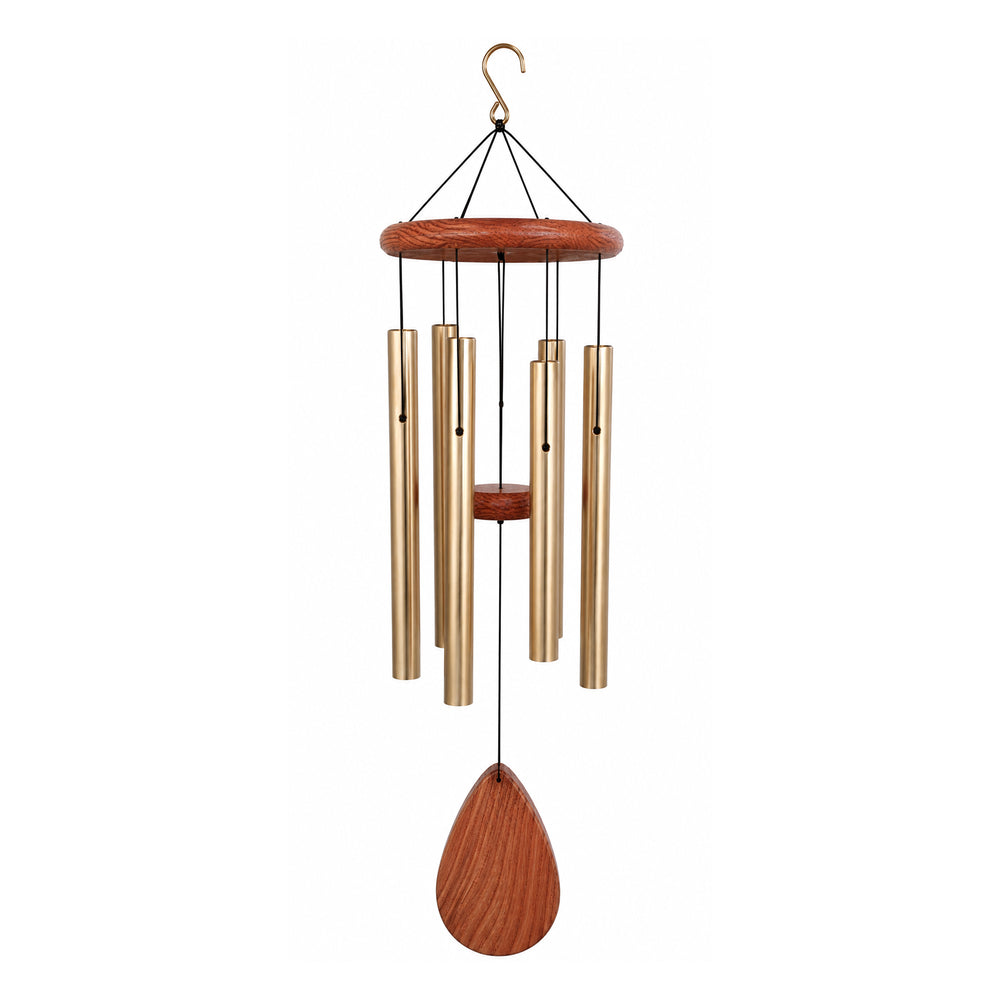 Urban Designs 6-Tube Outdoor Wind Chime with Adjustable Wooden Clapper, Gold-Finish Aluminum Tubes & Wood Accents