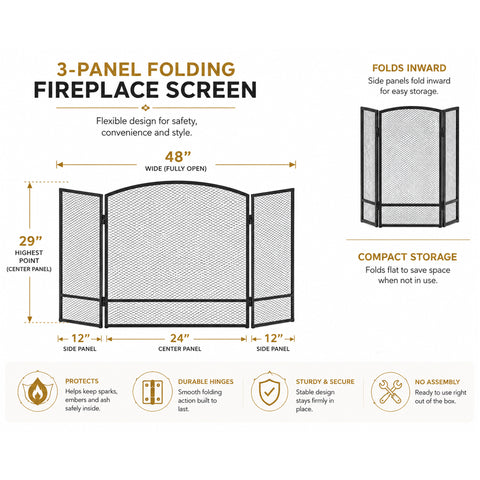 Urban Designs 3-Panel Folding Fireplace Screen, 48" W x 29" H