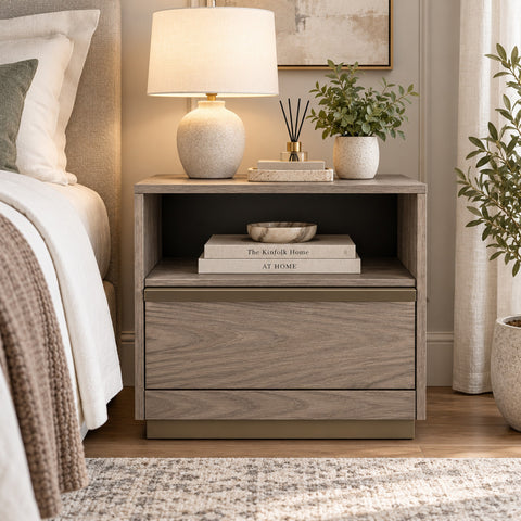 Urban Designs French Modern 1-Drawer Wood Nightstand with Open Shelf, Ash Gray