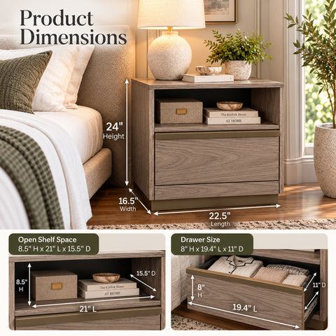 Urban Designs French Modern 1-Drawer Wood Nightstand with Open Shelf, Ash Gray