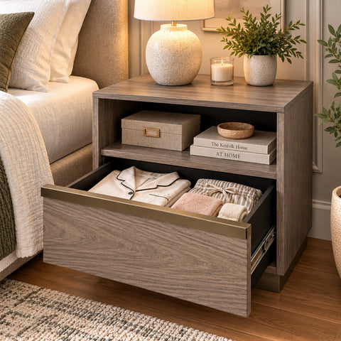 Urban Designs French Modern 1-Drawer Wood Nightstand with Open Shelf, Ash Gray