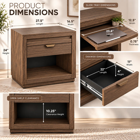 Urban Designs Urbana Modern 1-Drawer Wood Nightstand with Pull-Out Tray and Open Shelf