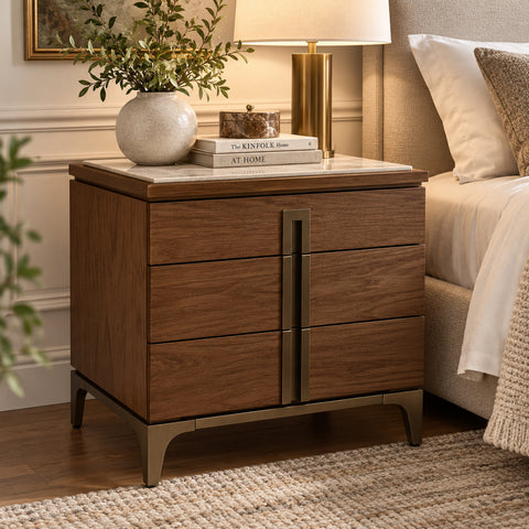 Urban Designs Verdi 3-Drawer Wood Nightstand with Porcelain Top and Metal Base