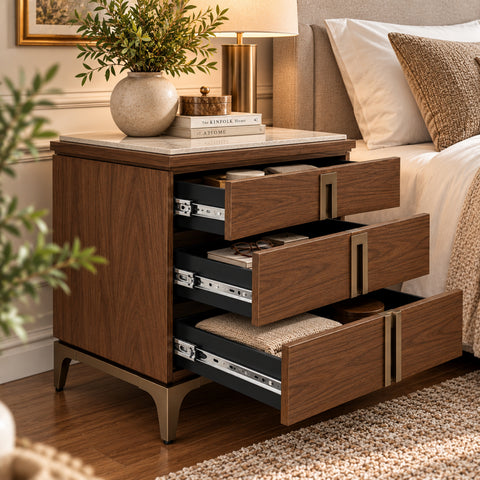 Urban Designs Verdi 3-Drawer Wood Nightstand with Porcelain Top and Metal Base