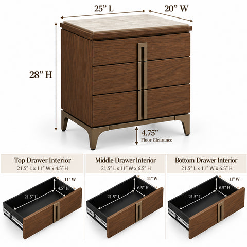 Urban Designs Verdi 3-Drawer Wood Nightstand with Porcelain Top and Metal Base
