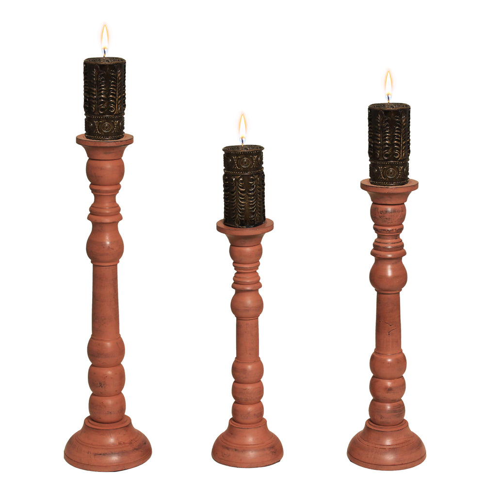 French Factory Natural Wood Pillar Candle Holders - Set of 3 - Clay Finish