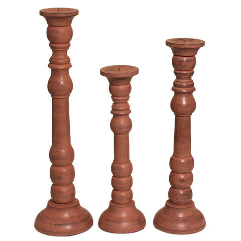 French Factory Natural Wood Pillar Candle Holders - Set of 3 - Clay Finish