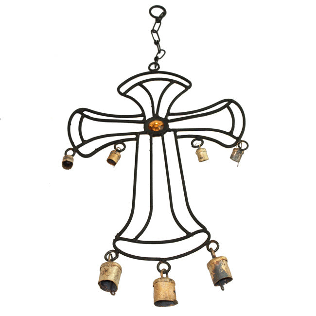 Wrought Iron Hanging Outdoor Garden Cross Wind Chime with Antique Rusted Bells