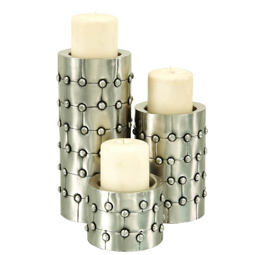 Urban Designs Alanna Metal Studs 3-Piece Pillar Candle Holder Set (Silver)