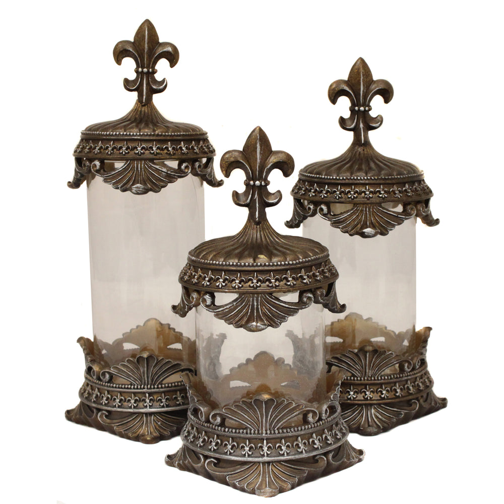 Urban Designs Baroque Bronze Fleur-de-Lis Decorative Glass Canister Set