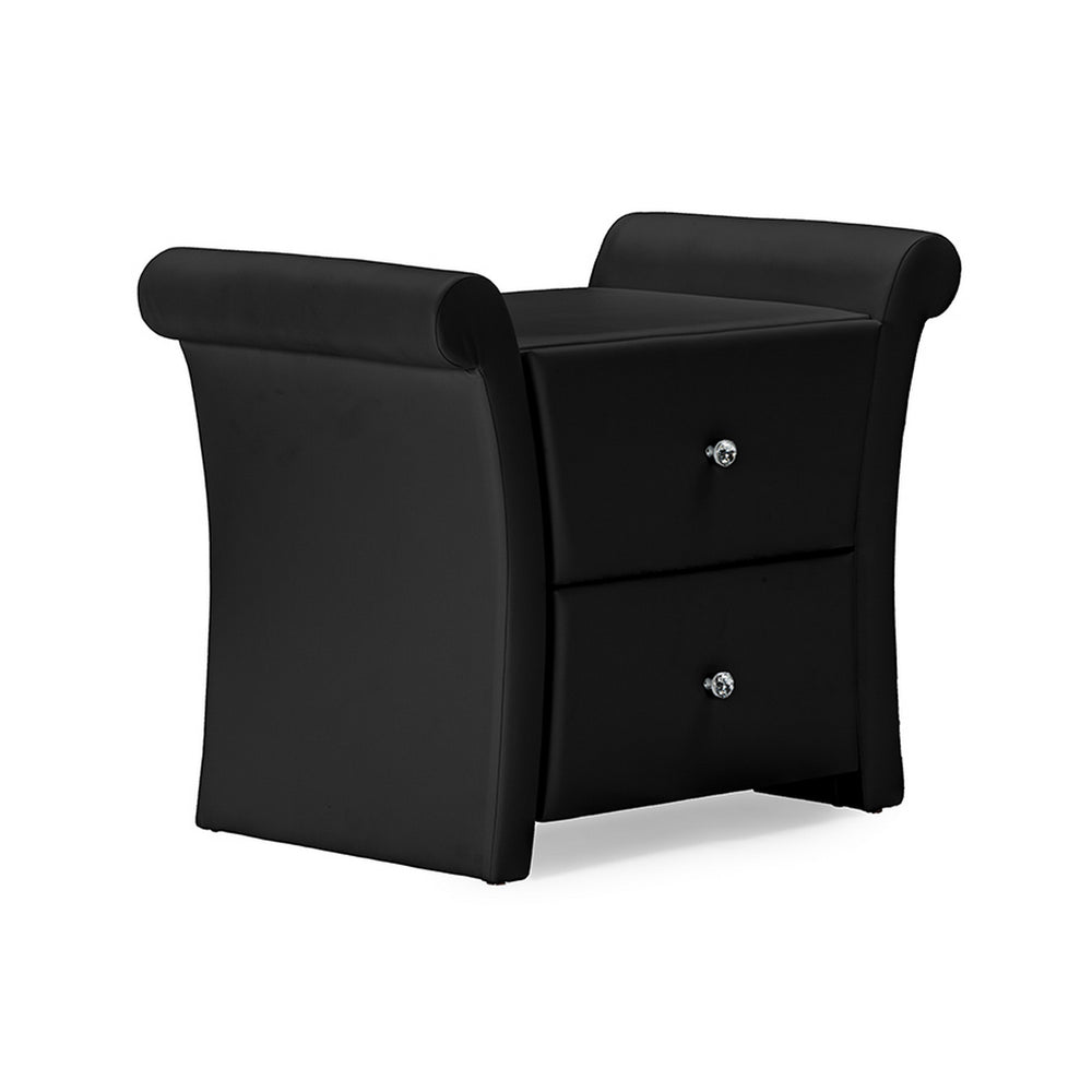 Urban Designs Victoria Matte Black Leather 2 Storage Drawers Bedside Table