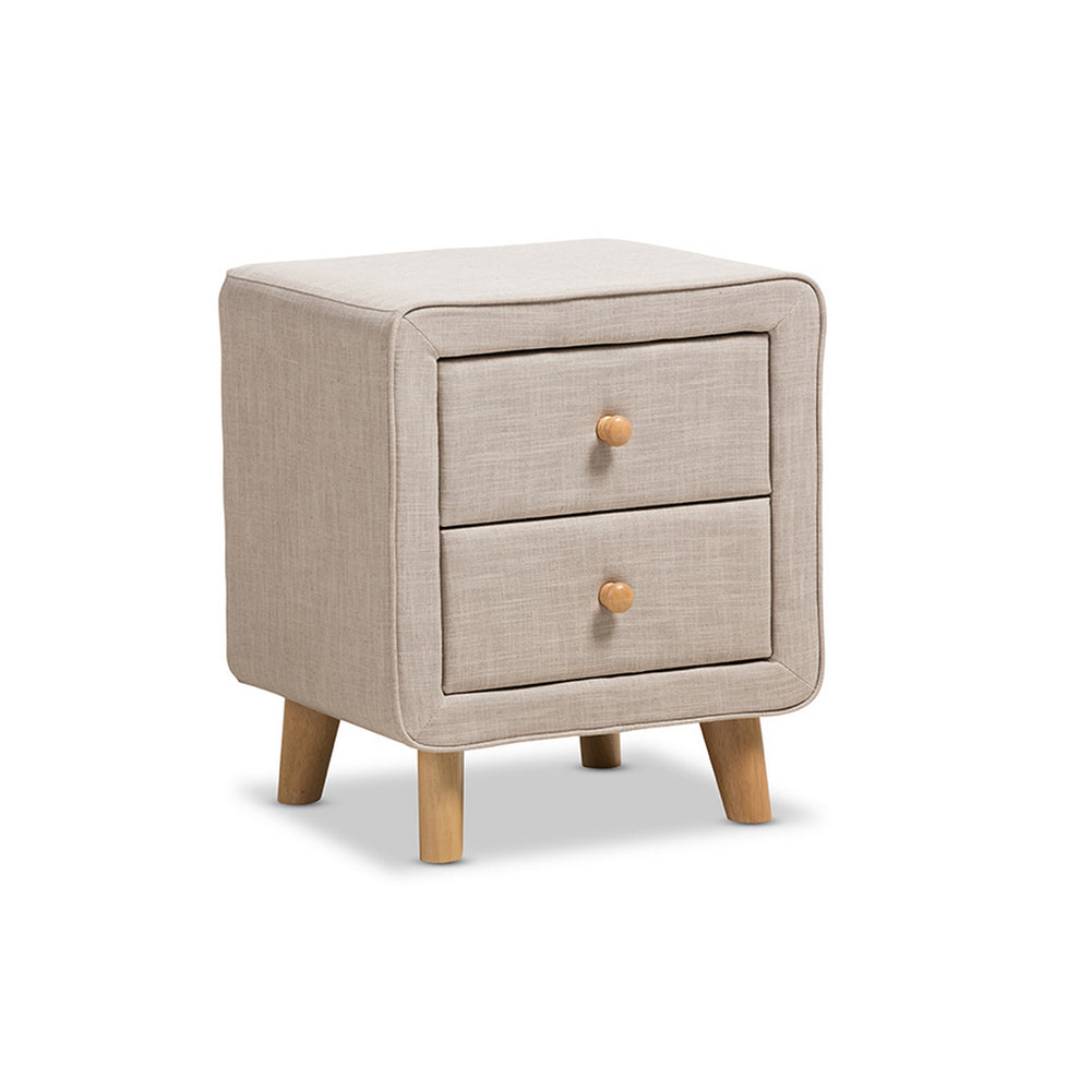 Urban Designs Jonesy Mid-Century Beige Linen Upholstered 2-Drawer Nightstand