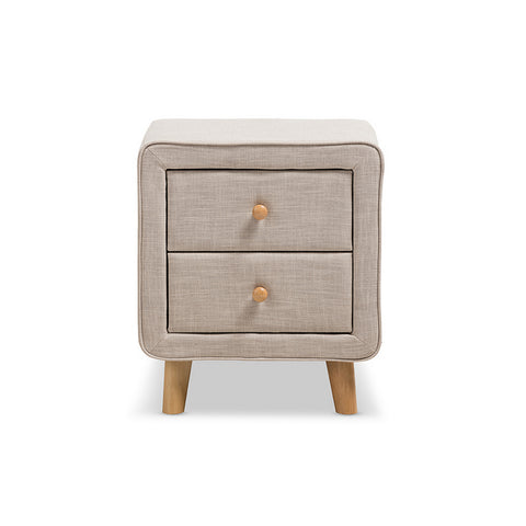 Urban Designs Jonesy Mid-Century Beige Linen Upholstered 2-Drawer Nightstand