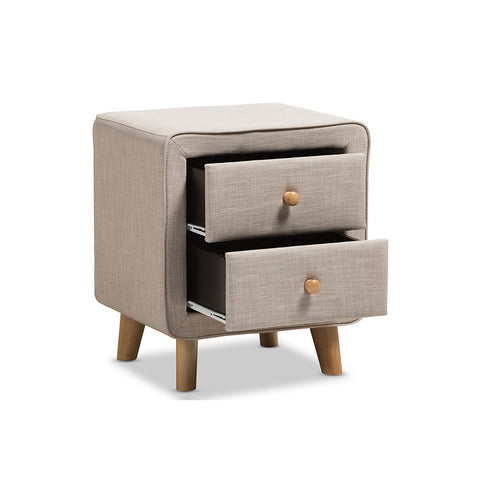 Urban Designs Jonesy Mid-Century Beige Linen Upholstered 2-Drawer Nightstand