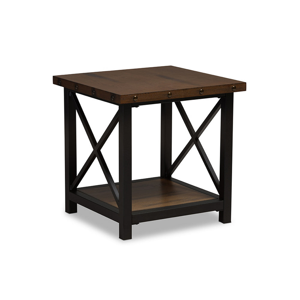 Urban Designs Herzen Black Textured Finished Metal Distressed Wood End Table