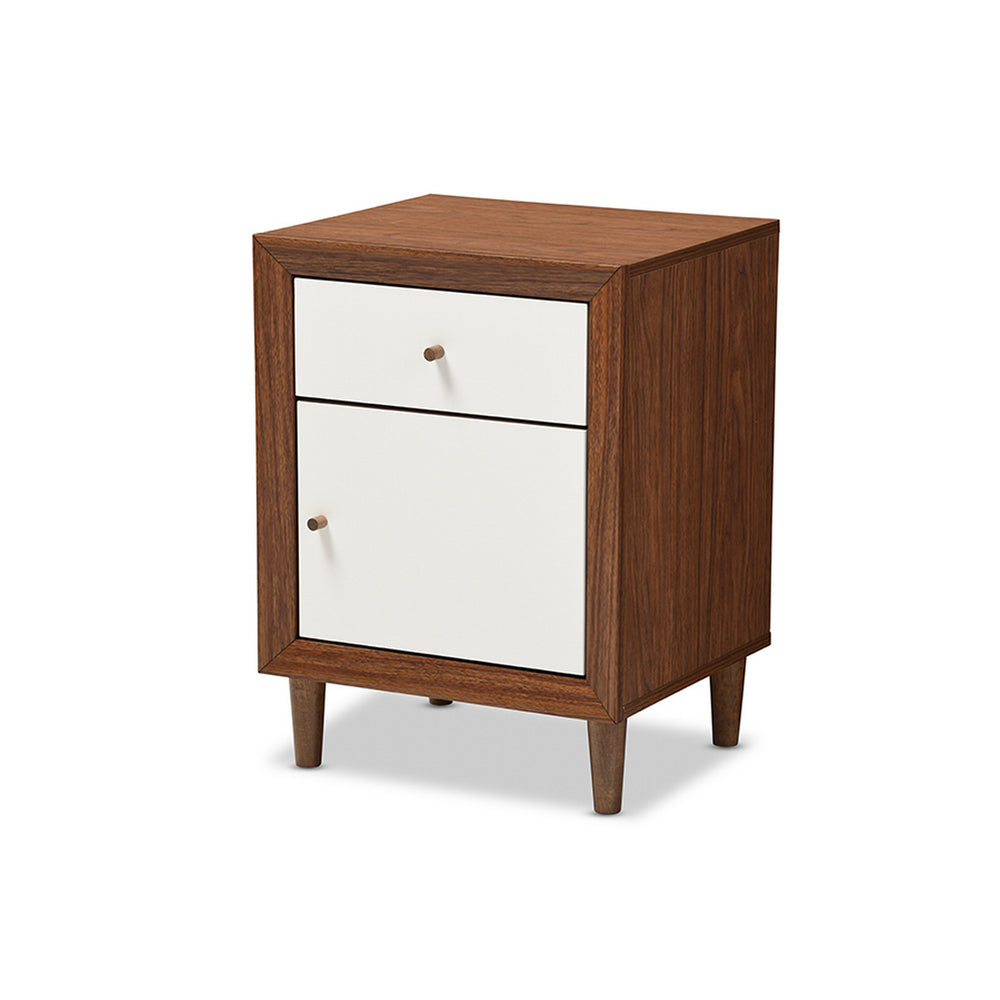 Urban Designs Harlow White and Walnut Wood 1-drawer and 1-door Nightstand